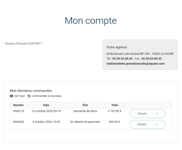 Interface « Mon compte » de l'Espace Pro PROMAT Sécurité